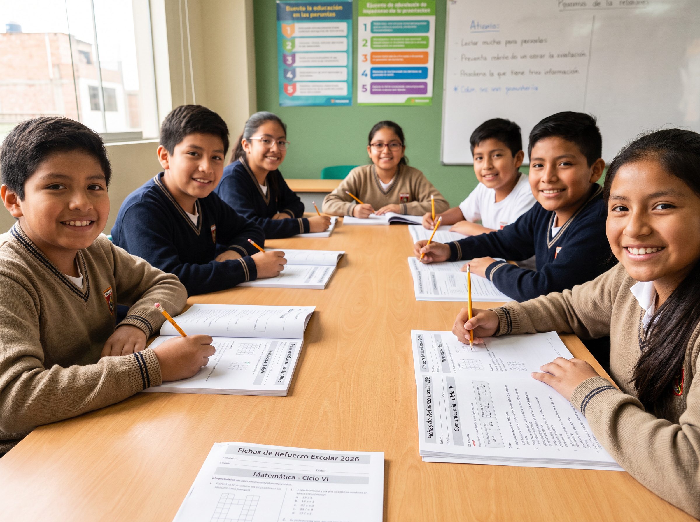 Grupo de estudiantes peruanos trabajando con Fichas de Refuerzo Escolar por Ciclos para Primaria y Secundaria del Minedu 2026.