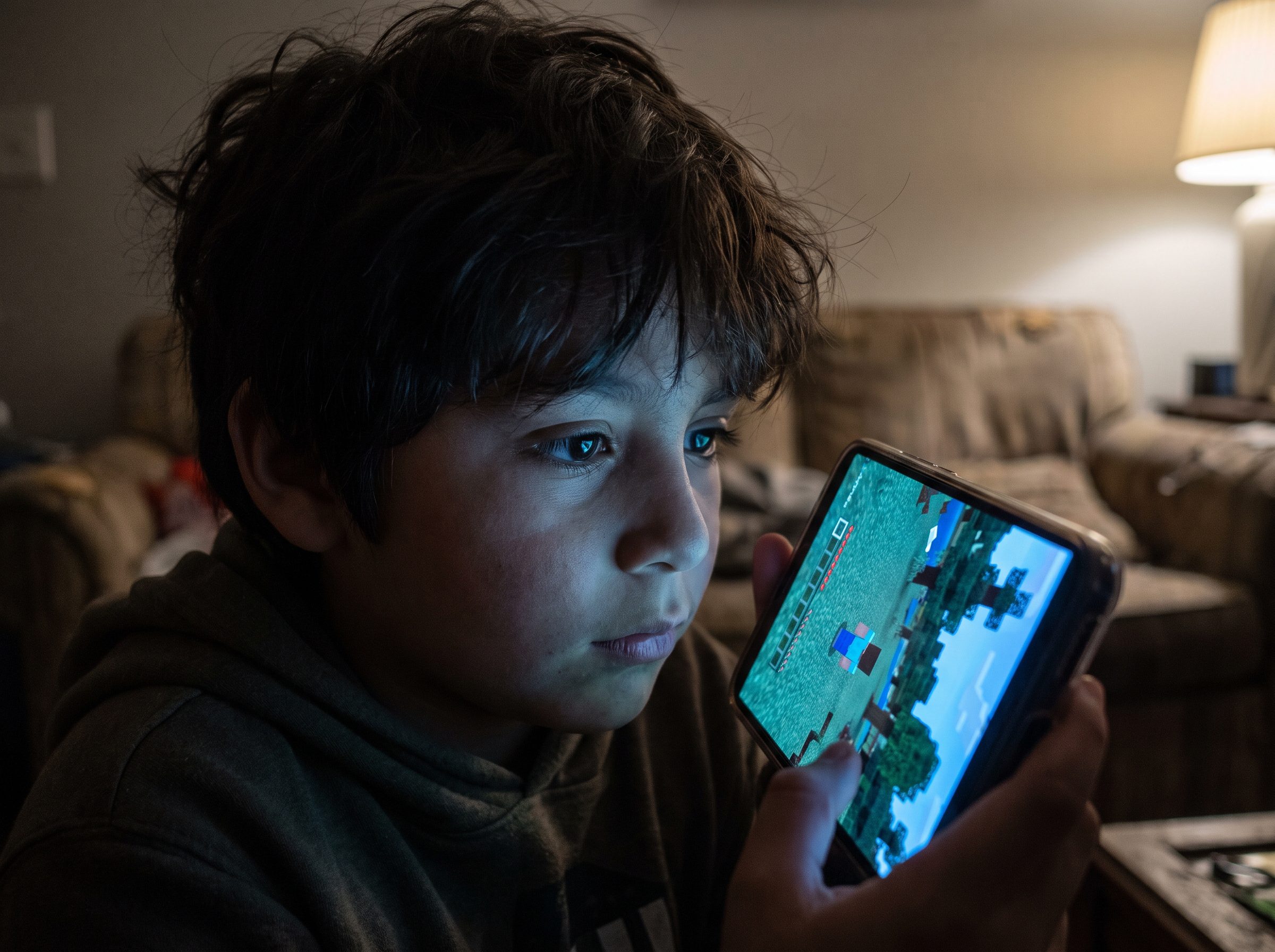 Menor iluminado por la pantalla de un celular en la oscuridad, representando las señales de alerta y la urgencia del Control Parental Roblox MINEDU.