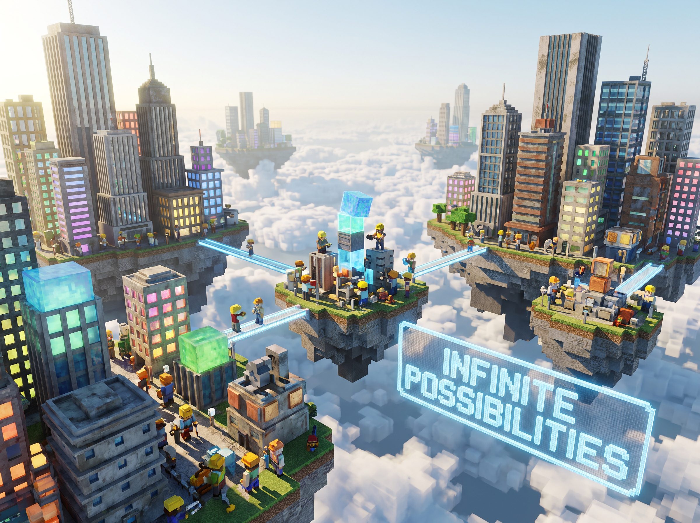 Avatar de bloques construyendo un mundo virtual colorido, ilustrando la creatividad digital y la necesidad del Control Parental Roblox MINEDU.