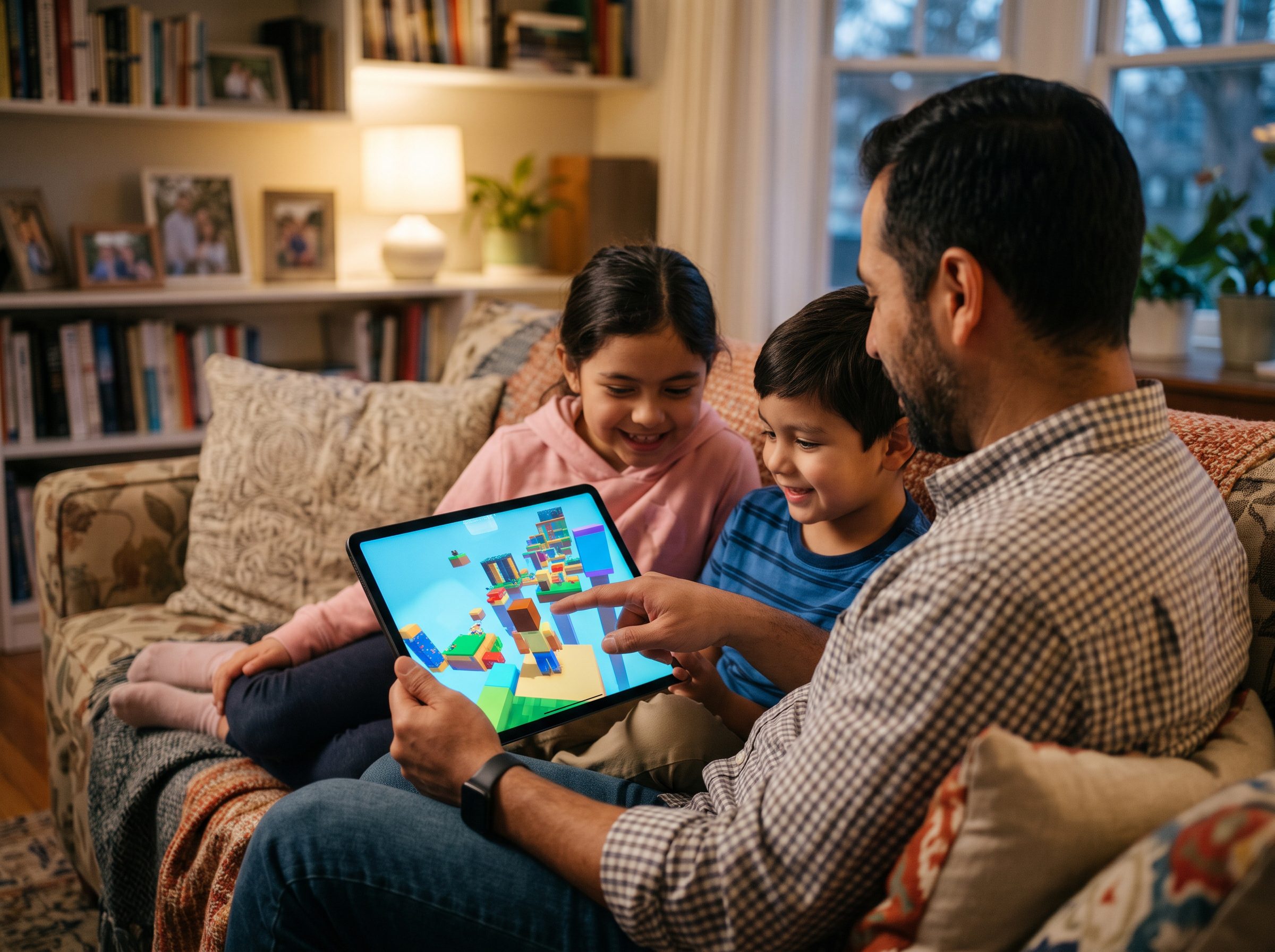 Padre latinoamericano con su hijo e hija revisando juntos un juego de bloques en una tablet, ilustrando el Control Parental Roblox MINEDU.