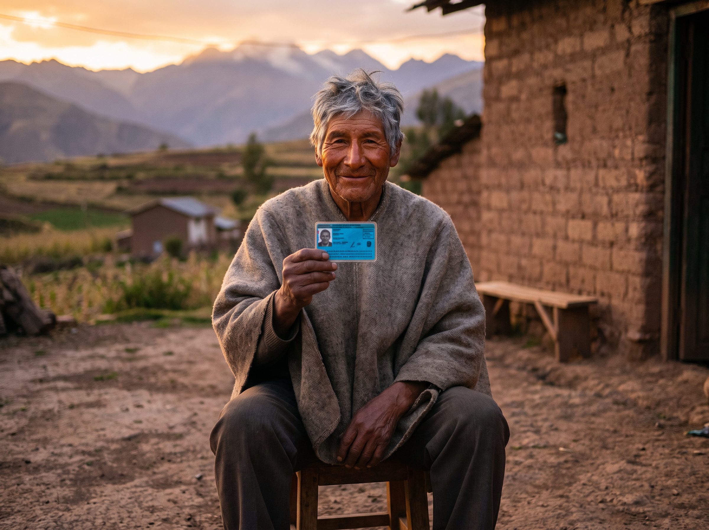 Adulto mayor peruano sonriente sosteniendo su DNI tras actualizar su registro en Pensión 65 SISFOH
