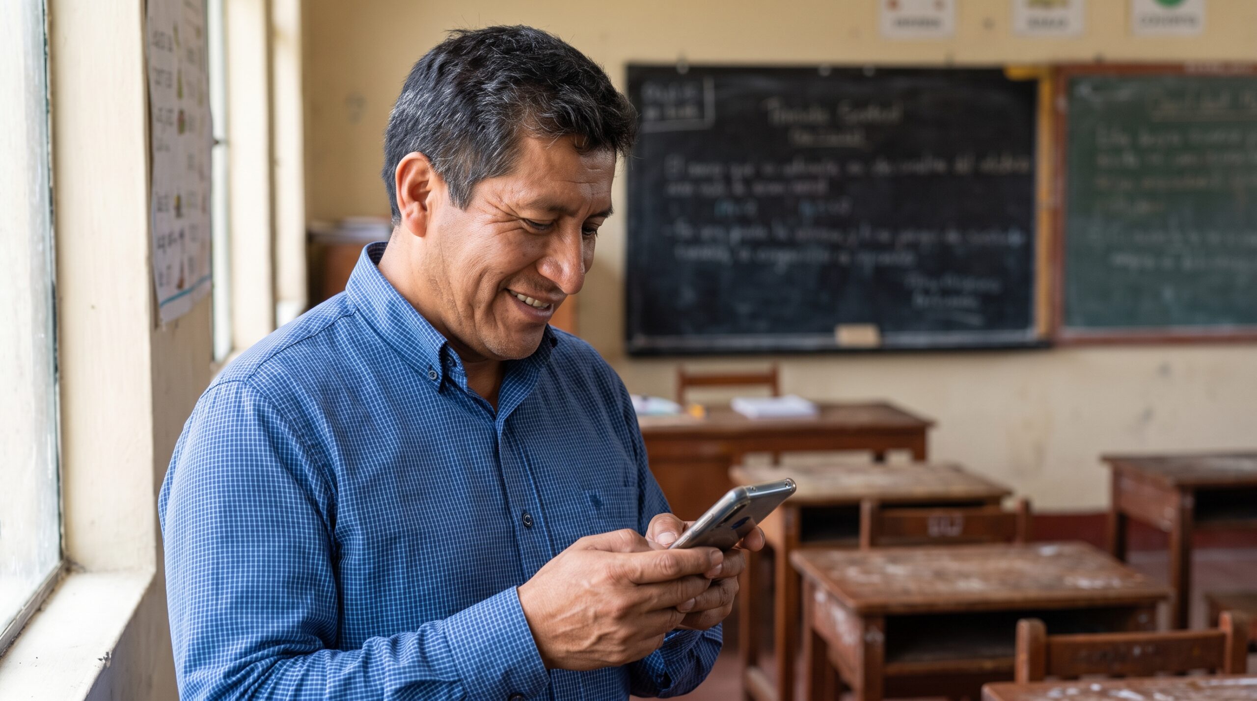 Docente peruano consultando el depósito del bono docente 487 en su celular.