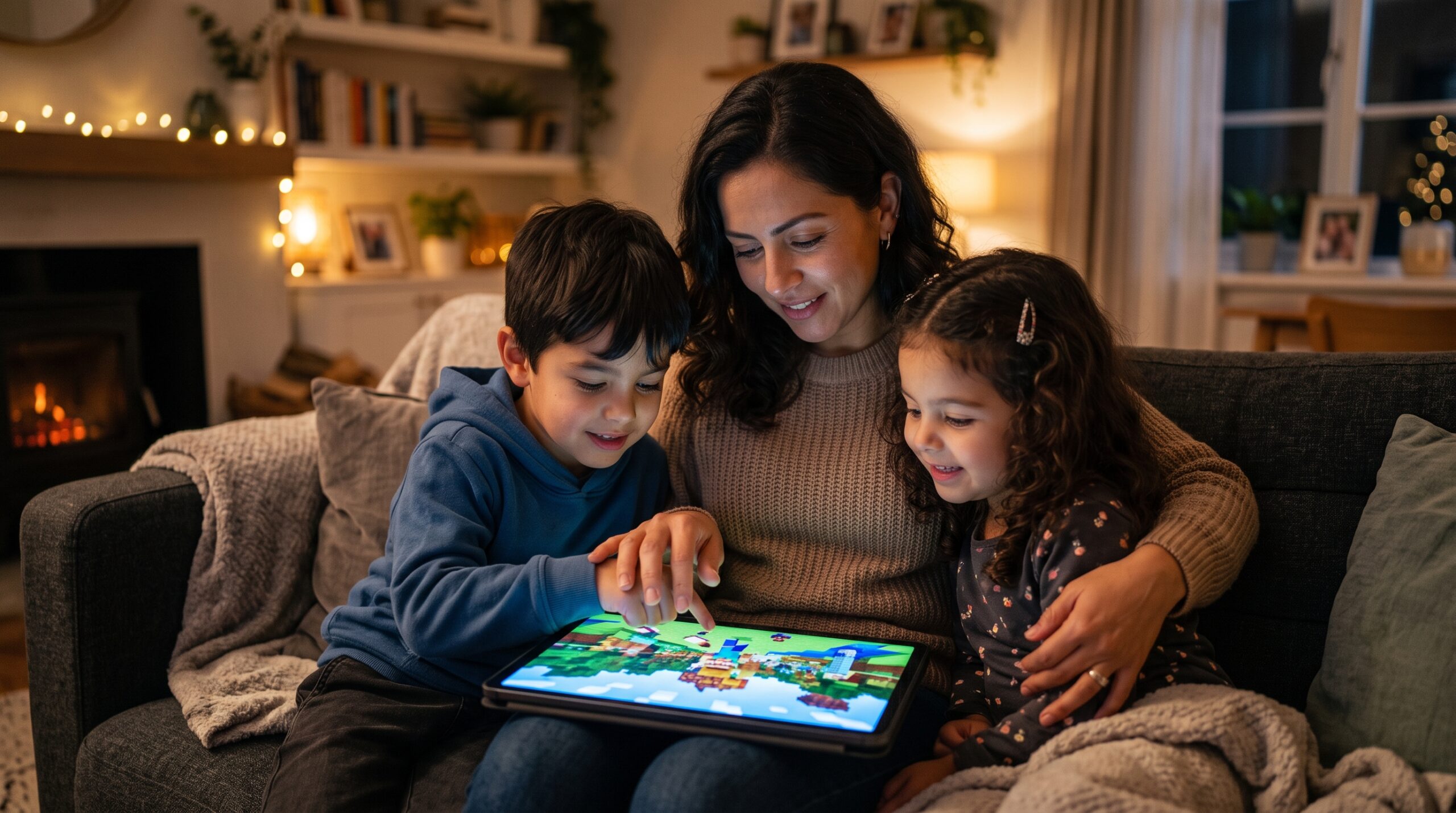 Padre guiando a su hijo e hija en el uso seguro de videojuegos de bloques, portada oficial de la guía de Control Parental Roblox MINEDU.
