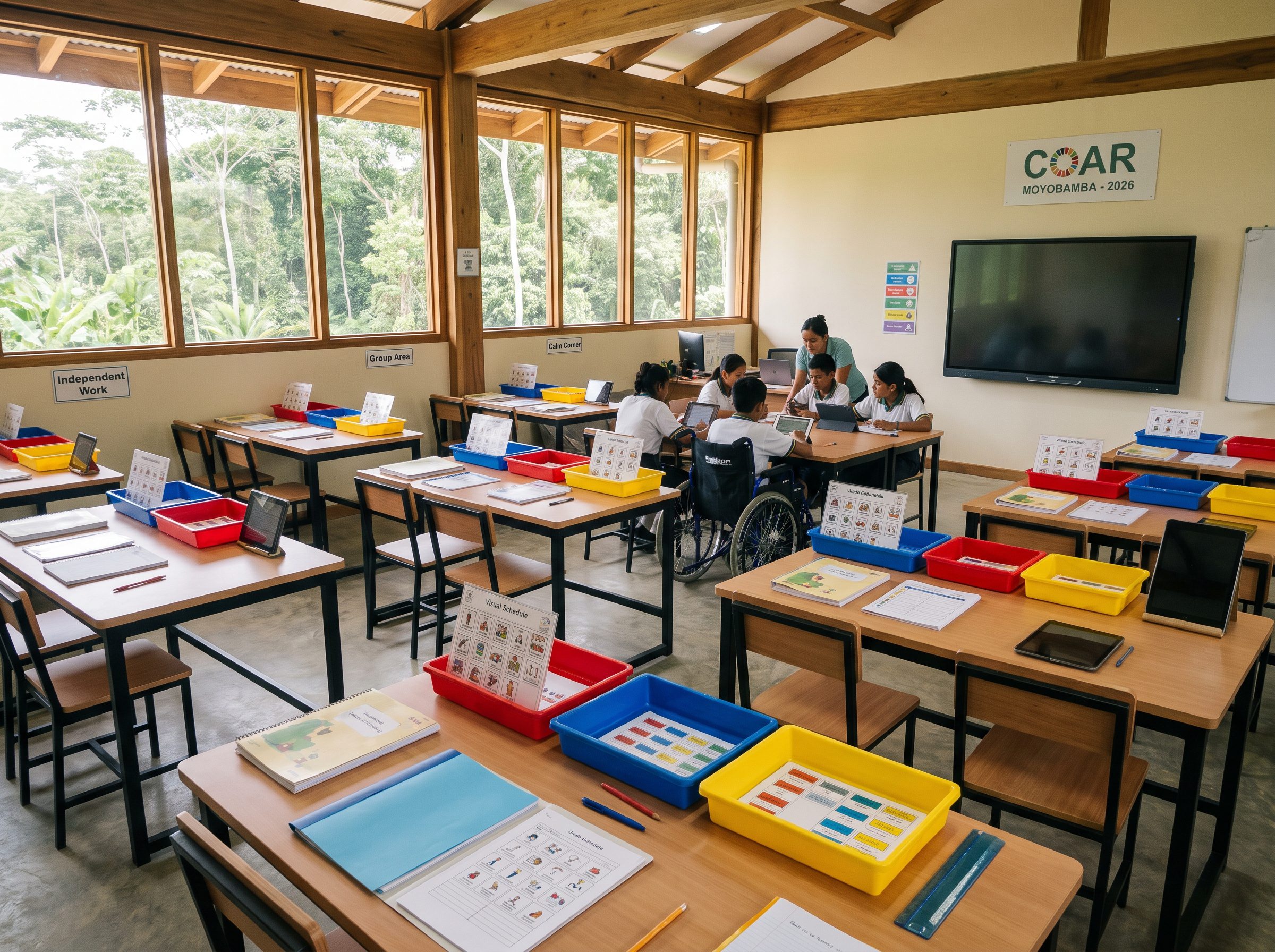 Aula de secundaria inclusiva en Moyobamba organizada con materiales TEACCH y pictogramas visuales para TEA.