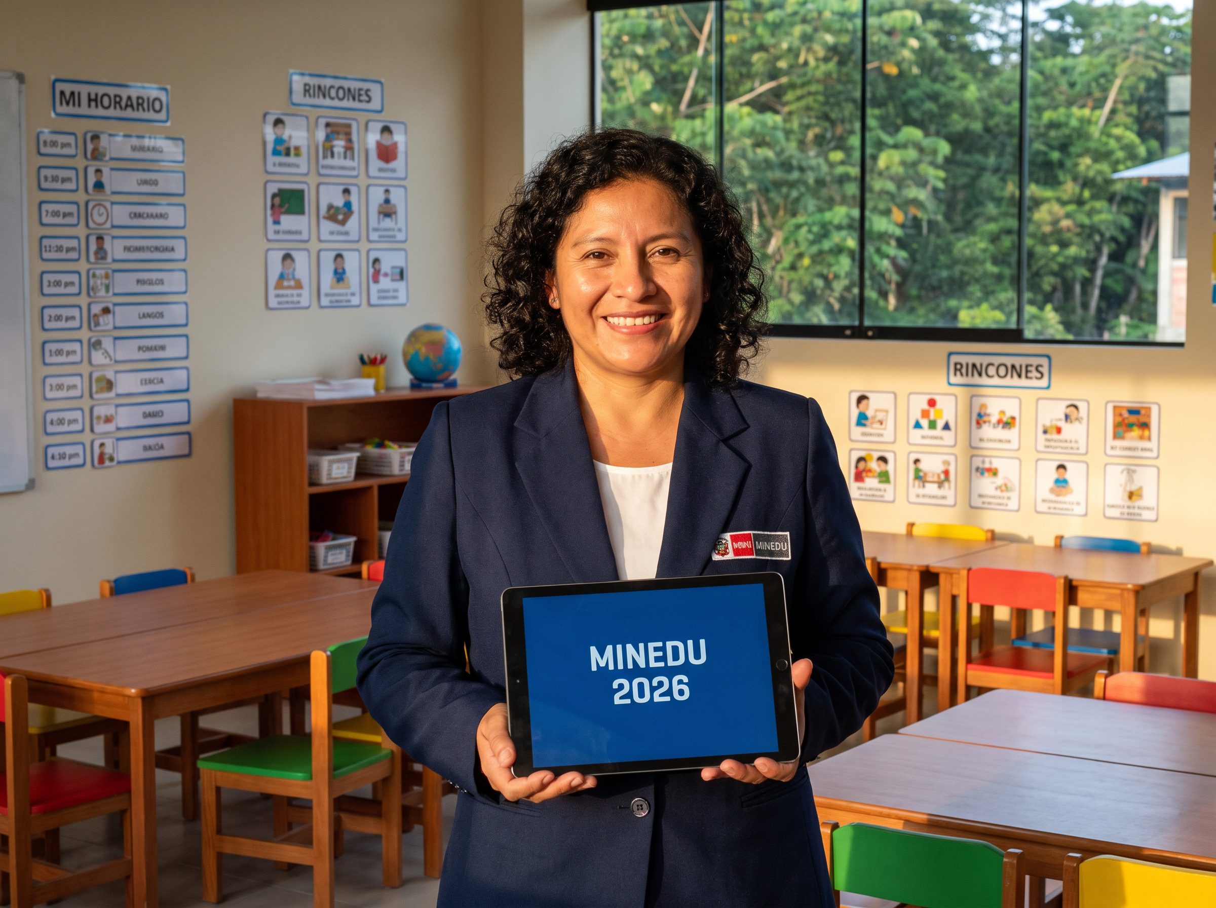 Profesora peruana sonriendo en un aula de Moyobamba con una tableta que dice MINEDU 2026.
