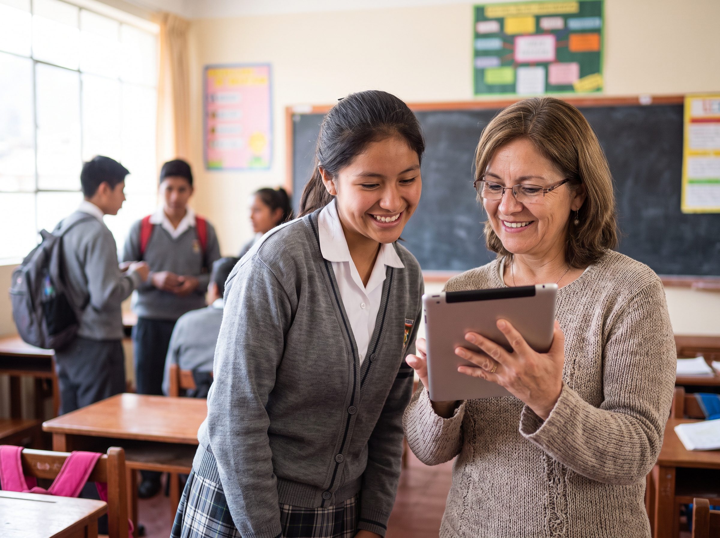 Profesor interactuando con un estudiante usando la Guía Claude inteligencia artificial educativa.
