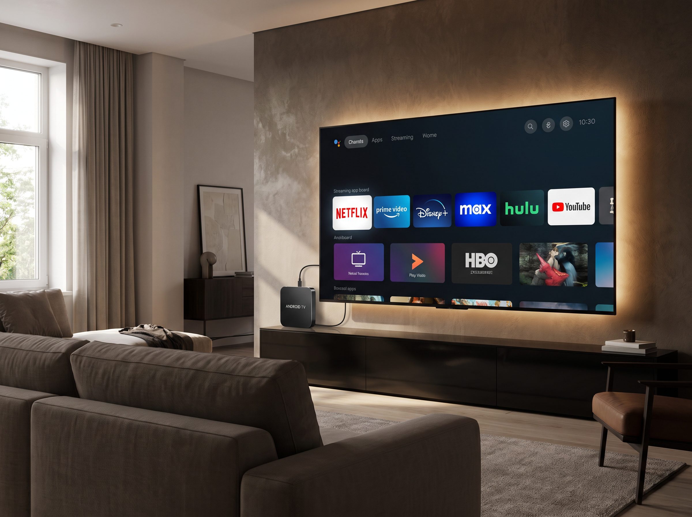 Apps televisión en vivo configuradas en un dispositivo TV Box moderno.