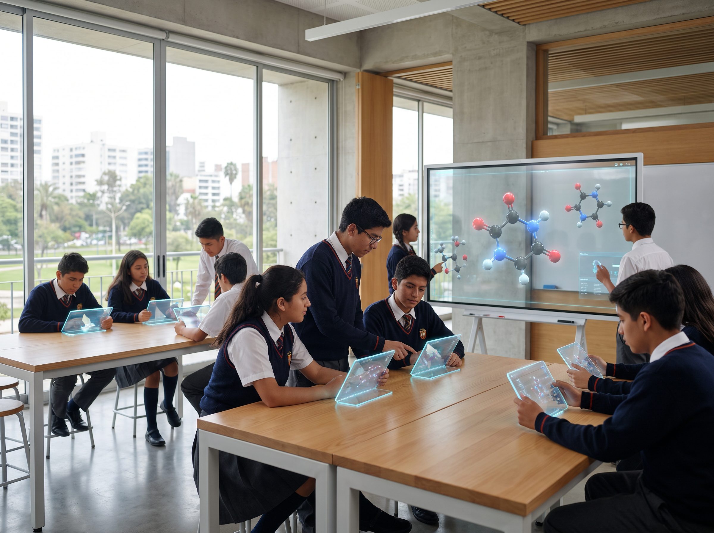 Estudiantes y docente utilizando las TICs en la educación secundaria